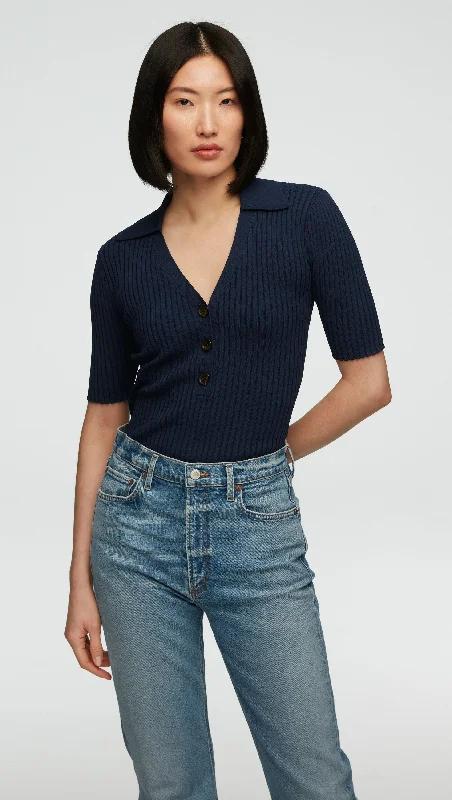Personalized Three-Dimensional Design Personalized Three-Dimensional Design Ribbed Collar Top in Stretch Rayon | Navy Personalized Three-Dimensional Design Personalized Three-Dimensional Design Ribbed Collar Top in Stretch Rayon | Navy