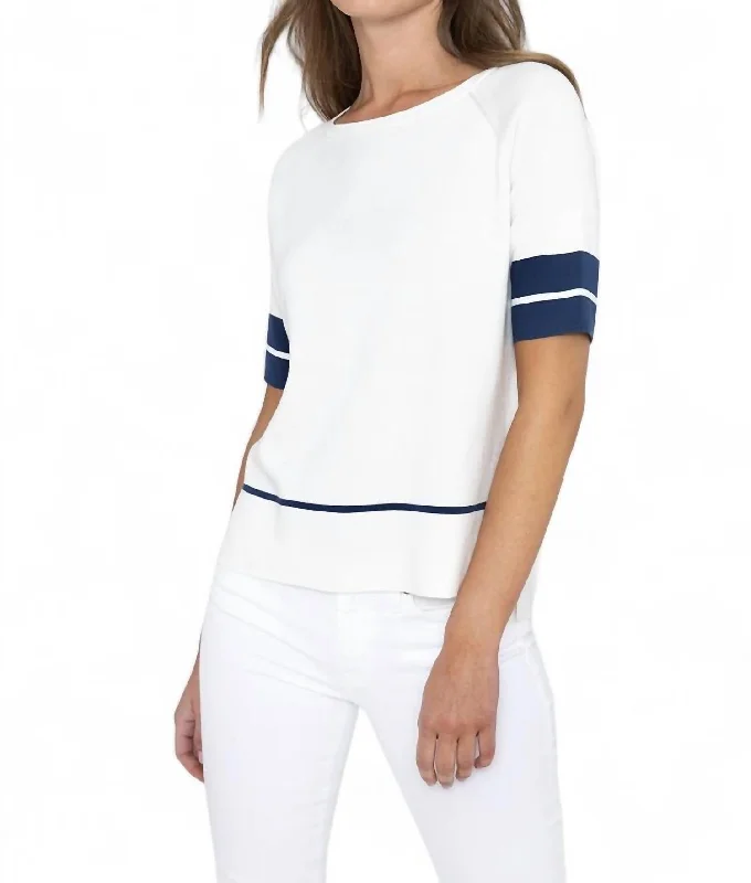Simple Fashion Simple Fashion Short Sleeve Tipped Hi-Low Pullover In White/eclipse Simple Fashion Simple Fashion Short Sleeve Tipped Hi-Low Pullover In White/eclipse