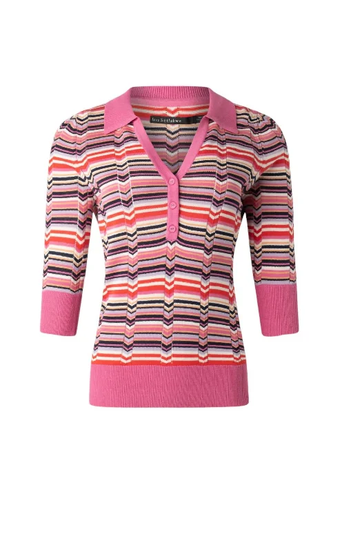 Personalized Denim Style Personalized Denim Style Women's V Neck Polo With Contrast Rib Sweater In Pink Multi Personalized Denim Style Personalized Denim Style Women's V Neck Polo With Contrast Rib Sweater In Pink Multi