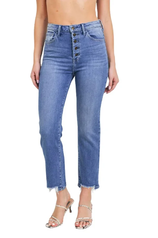Simple Cotton Style Simple Cotton Style Falon Button Straight Distressed Hem Jean In Medium Wash Simple Cotton Style Simple Cotton Style Falon Button Straight Distressed Hem Jean In Medium Wash