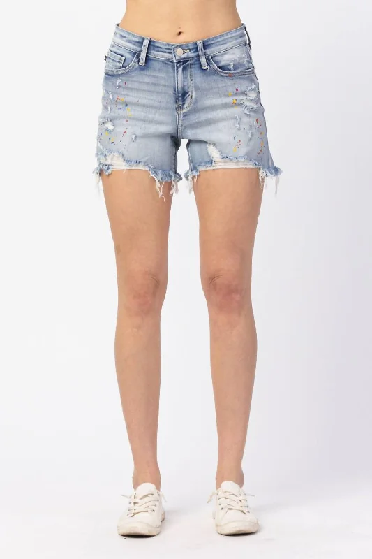 Elegant And Noble Style Elegant And Noble Style Paint Splatter Distressed Shorts In Light Blue