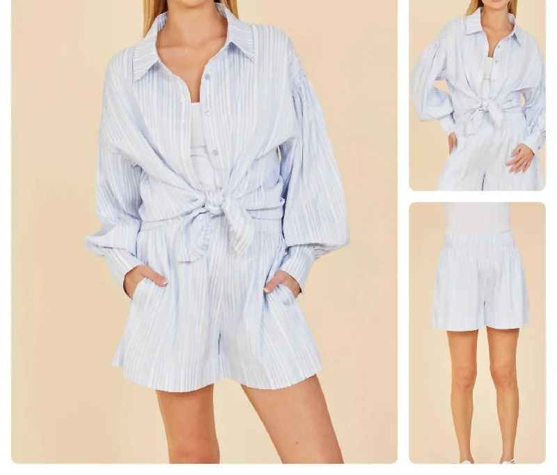 Simple Fresh Feeling Simple Fresh Feeling Pleated Stripe Boxer Shorts In Blue/white