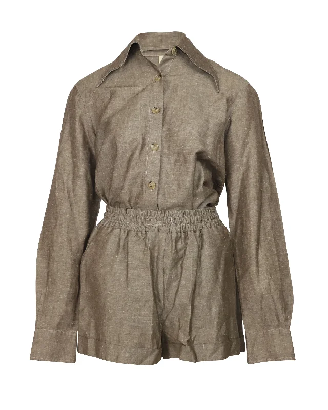 Casual Relaxed Chic Casual Relaxed Chic Prevu Long Sleeves and Shorts Set in Brown Linen Casual Relaxed Chic Casual Relaxed Chic Prevu Long Sleeves and Shorts Set in Brown Linen