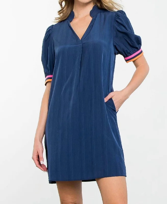 Personalized Contrast Design Personalized Contrast Design Puff Sleeve Dress With Pockets In Navy Personalized Contrast Design Personalized Contrast Design Puff Sleeve Dress With Pockets In Navy