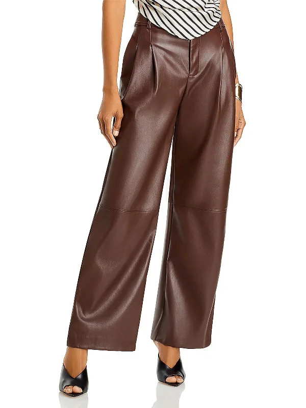 Simple Style Simple Style Womens Faux Leather Pleated Wide Leg Pants
