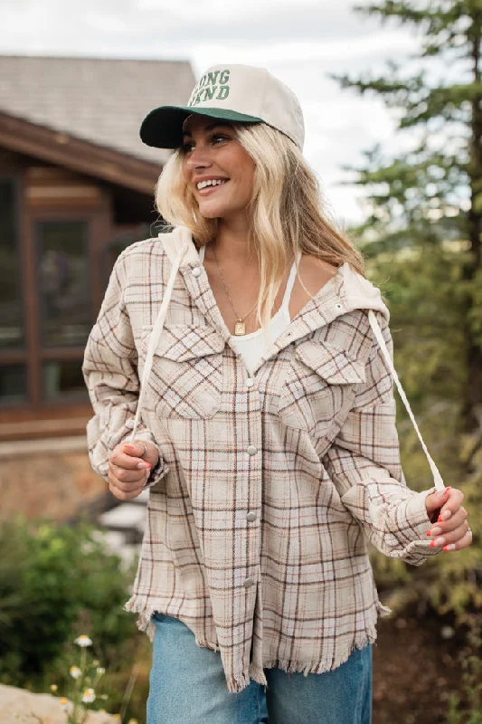 Casual Casual Style Casual Casual Style Stay For Awhile Beige Sherpa Hooded Plaid Shacket Casual Casual Style Casual Casual Style Stay For Awhile Beige Sherpa Hooded Plaid Shacket