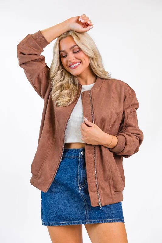 Urban Wear Trends Urban Wear Trends Believe In Me Brown Oversized Suede Bomber Jacket Urban Wear Trends Urban Wear Trends Believe In Me Brown Oversized Suede Bomber Jacket