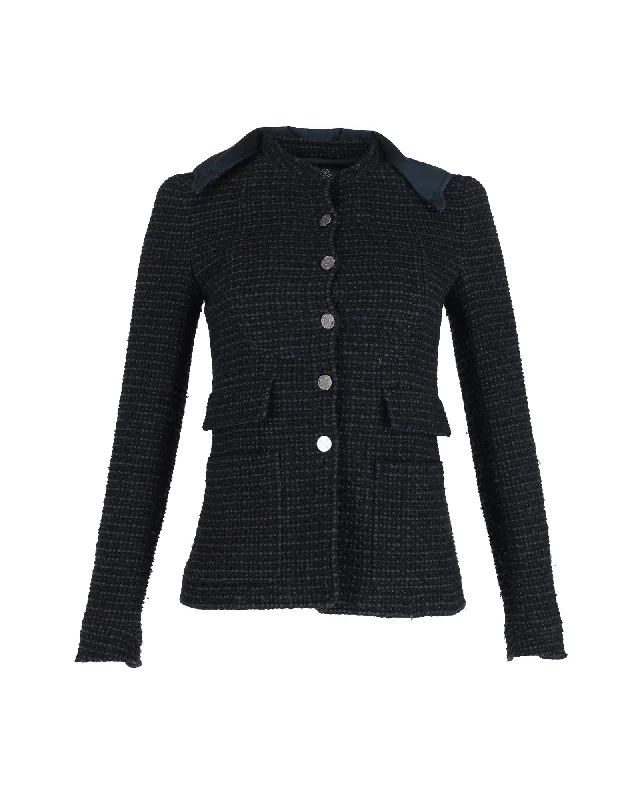 Simple Classic Style Simple Classic Style Chanel Boucle Tweed Fitted Jacket with Detachable Collar in Navy Blue Cotton Simple Classic Style Simple Classic Style Chanel Boucle Tweed Fitted Jacket with Detachable Collar in Navy Blue Cotton