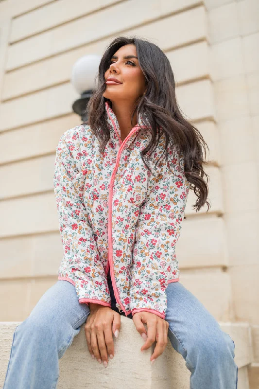 Romantic Fresh Style Romantic Fresh Style Field Of Florals Ivory and Pink Multi Quilted Floral Jacket Romantic Fresh Style Romantic Fresh Style Field Of Florals Ivory and Pink Multi Quilted Floral Jacket