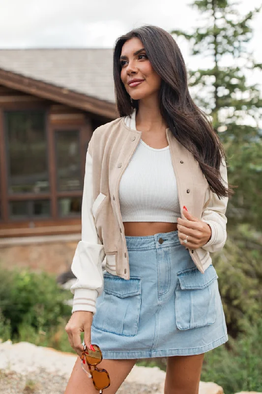 Minimalism Minimalism Play The Game Khaki Faux Suede and Leather Varsity Jacket