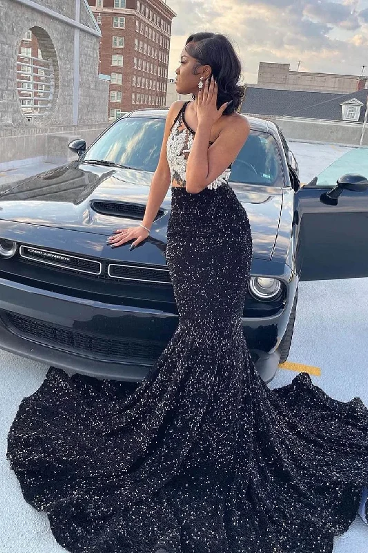 Elegant Long Skirt Style Elegant Long Skirt Style Black Girl One Shoulder Sleeveless Mermaid Prom Dress With Sequins Beadings, DP2651