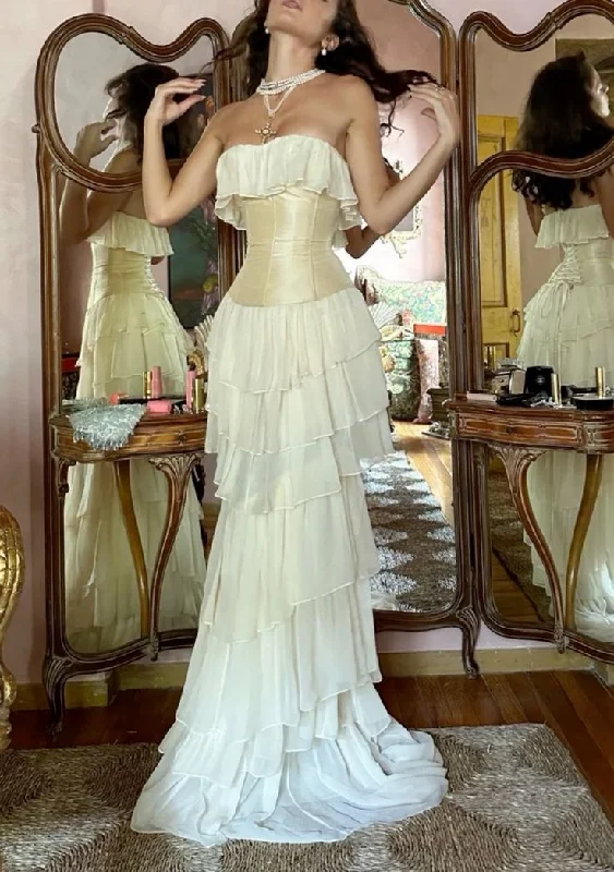 Retro Wear Trend Retro Wear Trend Ivory Strapless Chiffon Tiered Sheath Gorgeous Evening Dress, DP2647 Retro Wear Trend Retro Wear Trend Ivory Strapless Chiffon Tiered Sheath Gorgeous Evening Dress, DP2647