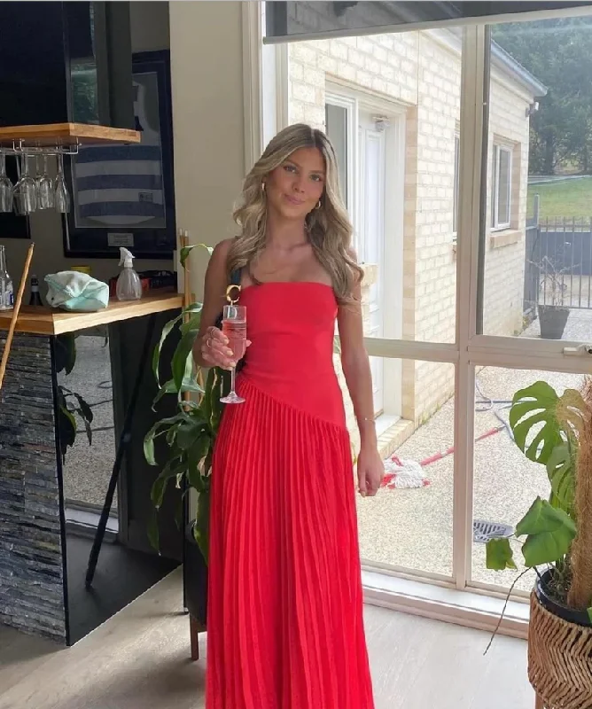 Simple Style Simple Style Red Strapless A-Line Pleated Simple Long Party Dress, DP2631 Simple Style Simple Style Red Strapless A-Line Pleated Simple Long Party Dress, DP2631