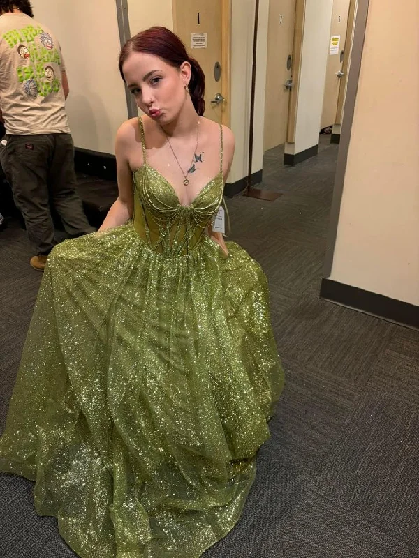 Casual Denim Style Casual Denim Style Shiny Green Straps A-Line Tulle Long Prom Dress, DP2644 Casual Denim Style Casual Denim Style Shiny Green Straps A-Line Tulle Long Prom Dress, DP2644