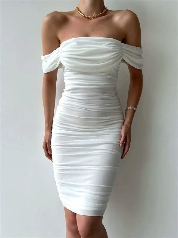 Simple Design Sense Simple Design Sense White Off Shoulder Elegant Evening Dress Cocktail Dress, DP2645 Simple Design Sense Simple Design Sense White Off Shoulder Elegant Evening Dress Cocktail Dress, DP2645