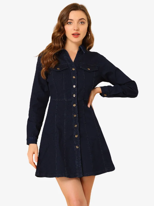 Casual Denim Style Casual Denim Style Button Down Collar V Neck Long Sleeve A-line Jean Denim Dress