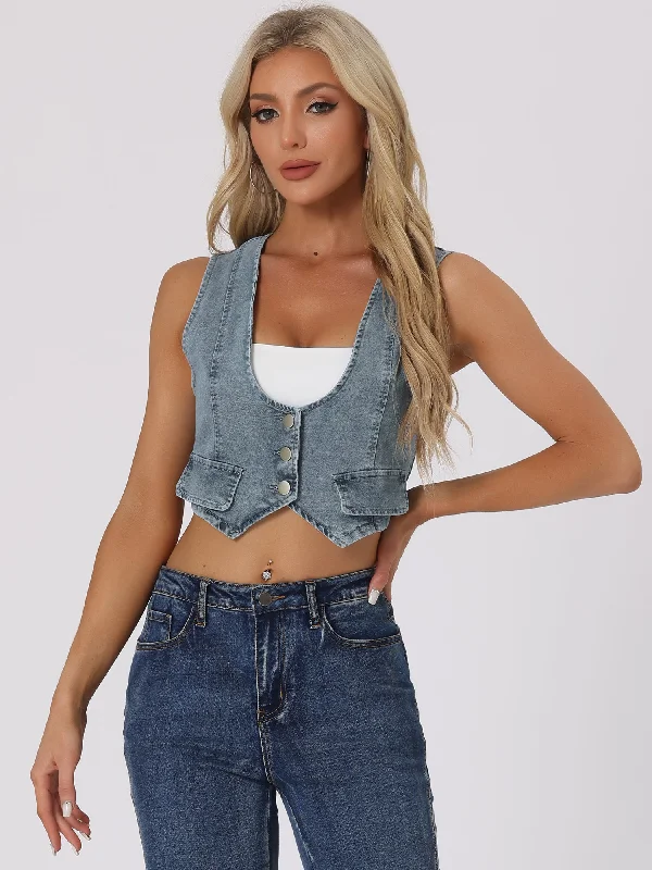 Casual Version Casual Version Denim Vintage Button Up Sleeveless Crop Jean Waistcoat Vest Casual Version Casual Version Denim Vintage Button Up Sleeveless Crop Jean Waistcoat Vest