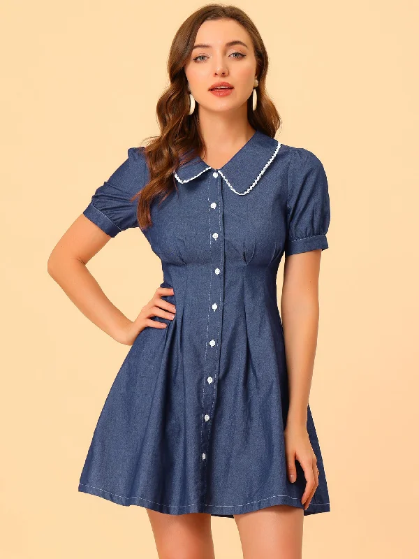Elegant And Sweet Style Elegant And Sweet Style Chambray Puff Short Sleeve Flared Button Front Shirt Dress Elegant And Sweet Style Elegant And Sweet Style Chambray Puff Short Sleeve Flared Button Front Shirt Dress