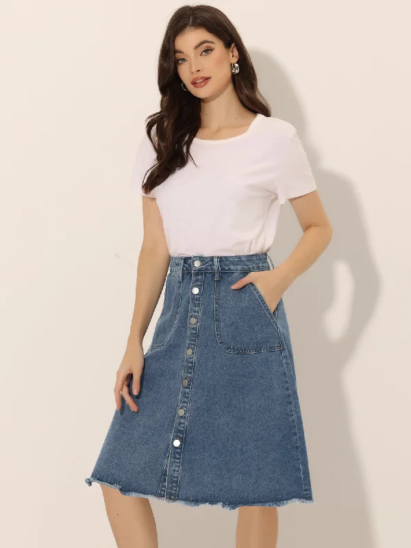 Personalized Text Personalized Text Denim Raw Hem Button Down Midi Jeans Skirt