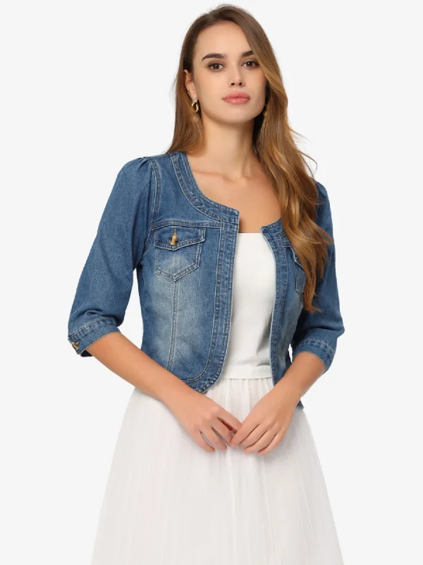 Romantic Fresh Style Romantic Fresh Style Denim Collarless Pockets 3/4 Sleeve Feminine Style Jacket Romantic Fresh Style Romantic Fresh Style Denim Collarless Pockets 3/4 Sleeve Feminine Style Jacket